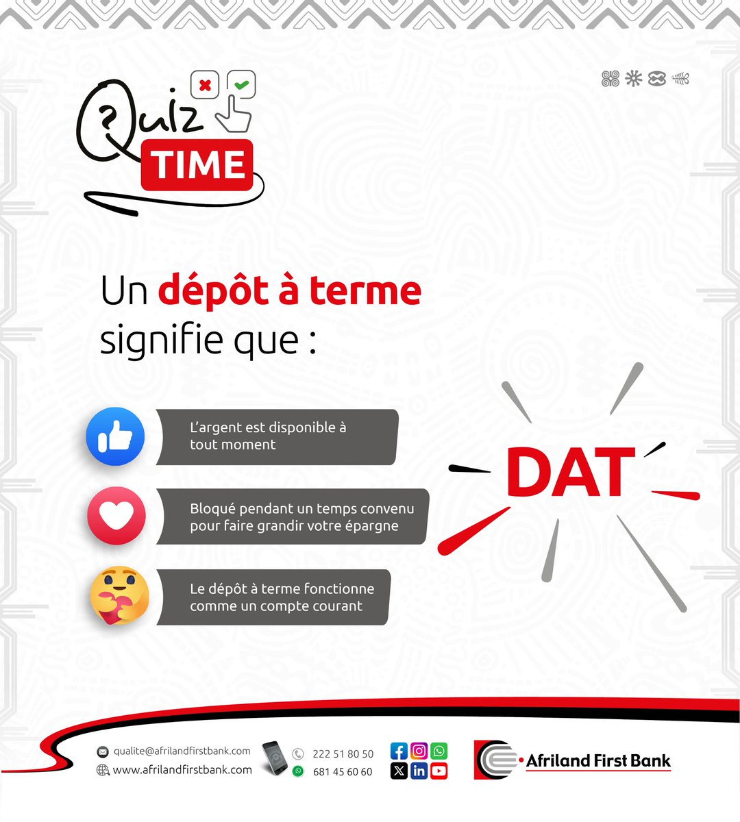 Afriland_CMR's tweet image. Testez vos connaissances financières : savez-vous vraiment ce qu’est un dépôt à terme ?

#AfrilandFirstBankCameroun #quizfinancier #depotaterme #epargneintelligente
#culturefinanciere #educationfinanciere