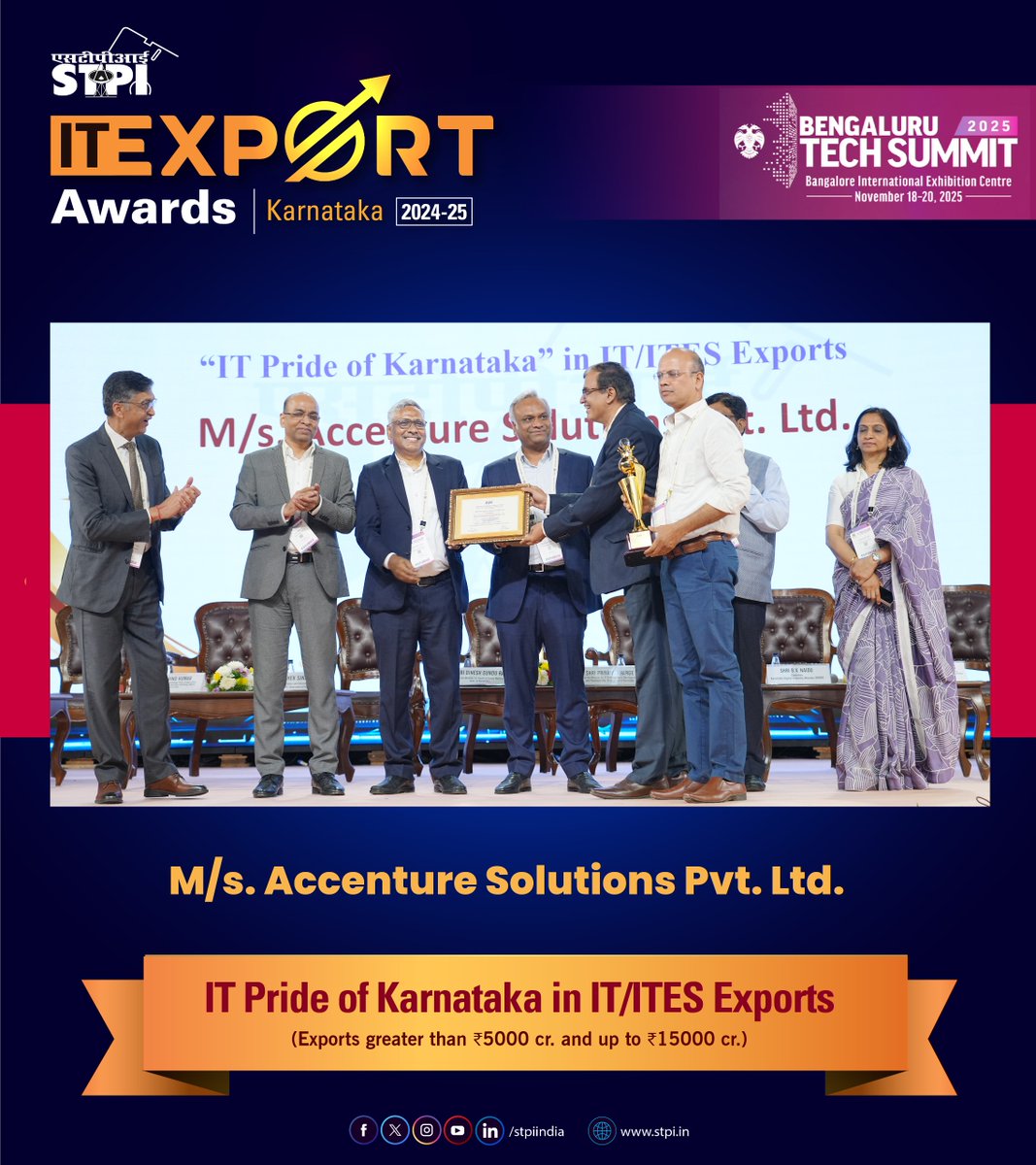 In frame: STPI IT Export Award Ceremony at BTS 2025  📸

⭐ Many Congratulations to the following companies for bagging the award, 'IT Pride of Karnataka in IT/ITES Exports' (showing exports greater than ₹5000 cr. and up to ₹15000 cr.) at the prestigious STPI IT Export Awards.