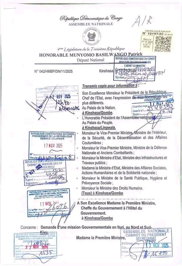 ElectionNet's tweet image. #RDC : L&apos;Honorable Patrick MUNYOMO a officiellement saisi la Première Ministre Judith SUMINWA pour demander une mission gouvernementale d&apos;urgence dans les provinces du Nord-Kivu, Sud-Kivu et Ituri, frappées par une montée grave de l&apos;insécurité. Il exhorte le Gouvernement à…