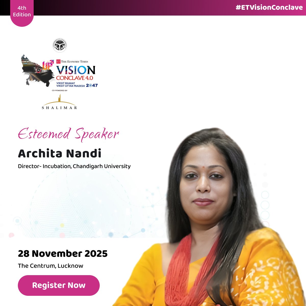 ET_Government's tweet image. Hear from Archita Nandi, Director- Incubation, Chandigarh University, at the 4th Edition of #ETVisionConclave, as they share their thoughts on powering inclusive and sustainable growth.

Express Interest: shorturl.at/nEtdy

#ETGovernment #VisionConclave #ViksitBharat