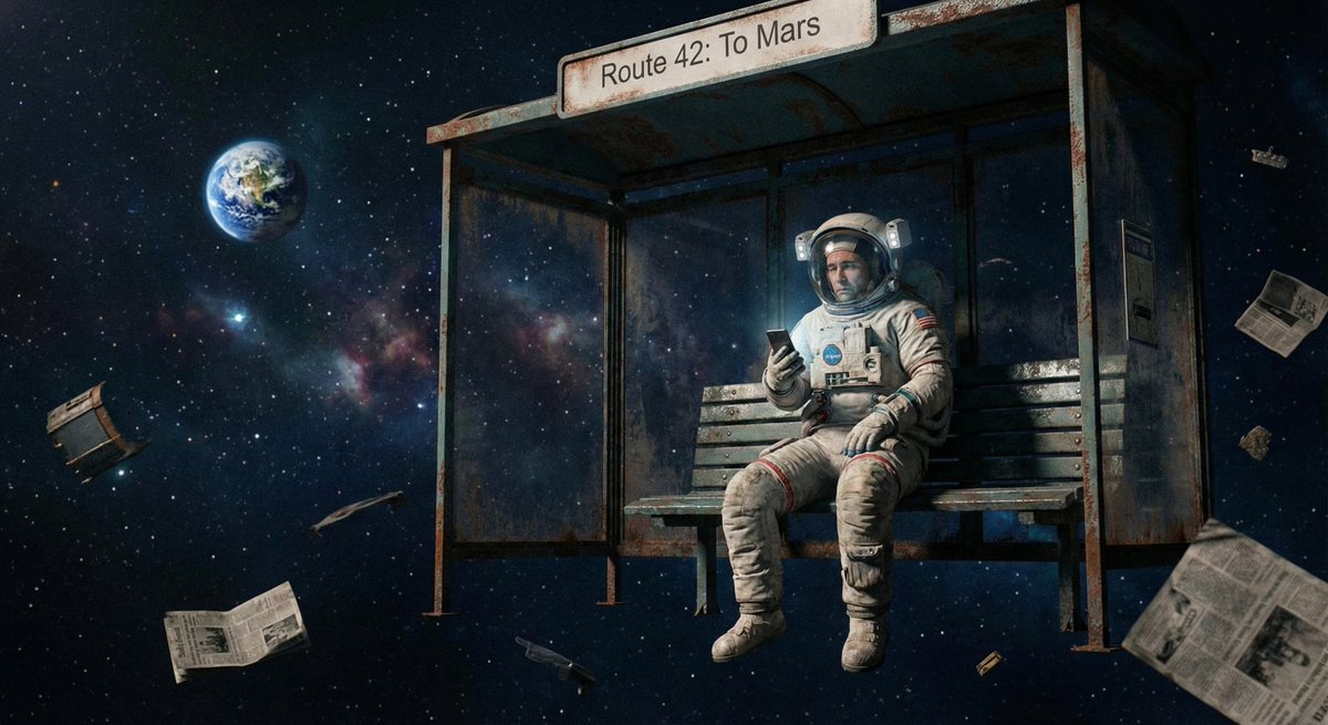 A lonely astronaut sits at an ordinary city bus stop, waiting for the No. 42 bus to Mars.