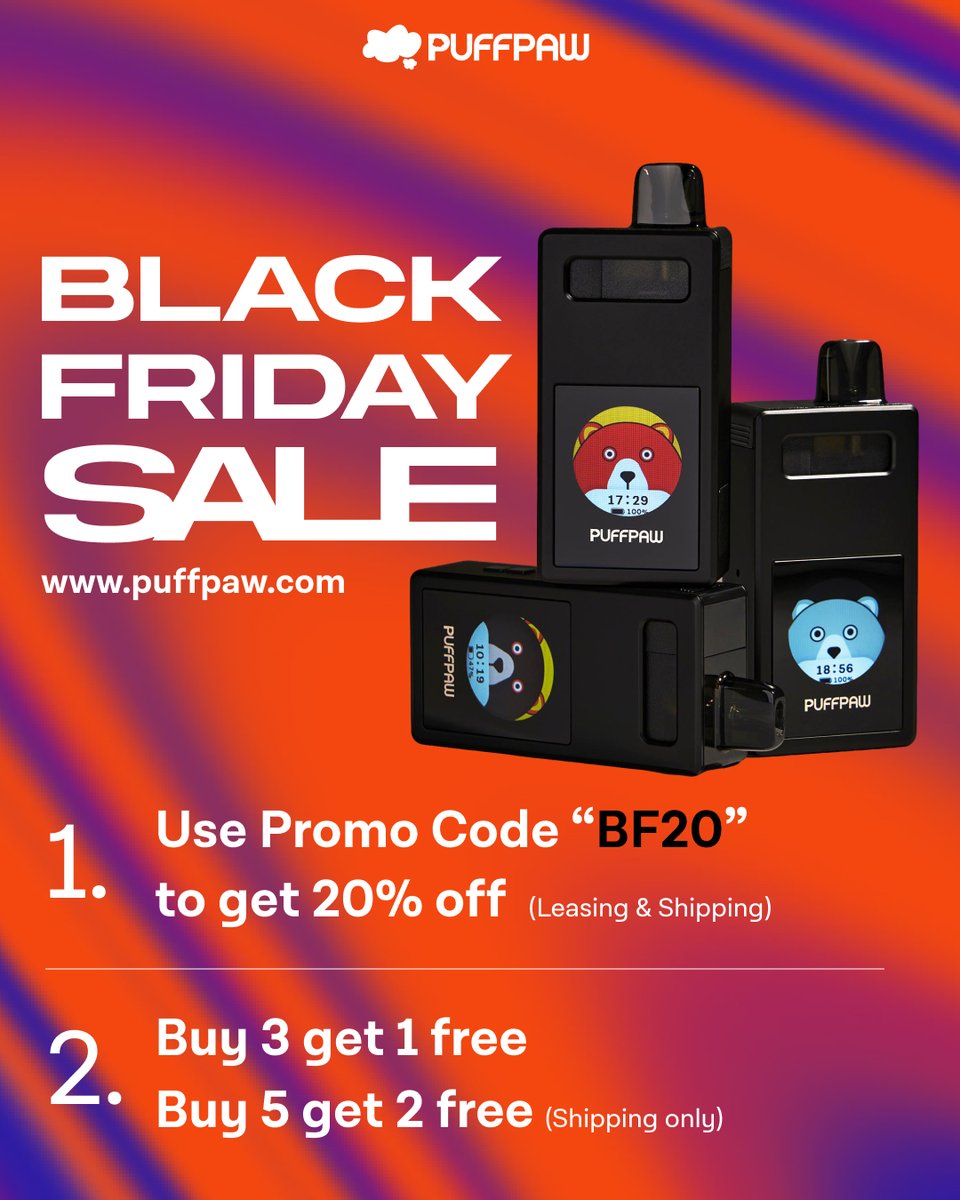 puffpaw's tweet image. BLACK FRIDAY IS FINALLY HERE  🙌

[ 20% OFF ] ON EVERYTHING

PROMO CODE: [ BF20 ]

and

Buy 3 get 1 free
Buy 5 get 2 free
Buy 10 get 4 free...

Don&apos;t forget to use your Referral Code
PreVAPE is acceptable, all discounts are stackable