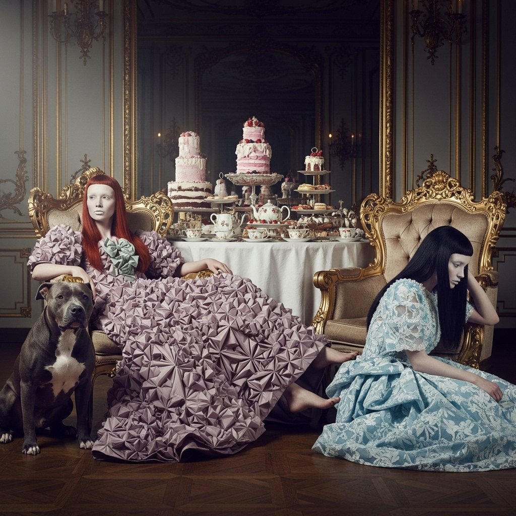 syntaxaegis's tweet image. She claimed the pit bull for protection, the pastries for power, and the lilac folds for plausible deniability.

#hautecouture #surrealism #art #couture #fashionphotography
