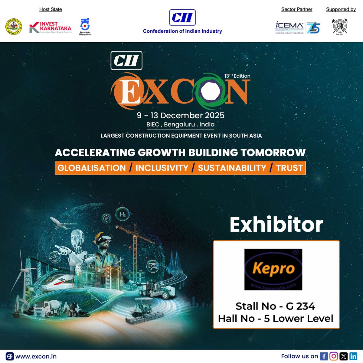 CII_Excon's tweet image. Kepro is exhibiting at EXCON 2025!

Discover innovative and reliable engineering products crafted for performance.

📍 Stall G-234 | Hall 5, Lower Level
🌐 excon.in

#EXCON2025 #Kepro #EngineeringSolutions 

@CII4SR @CIITradefairs @BIECentre @ICEMA_Off…