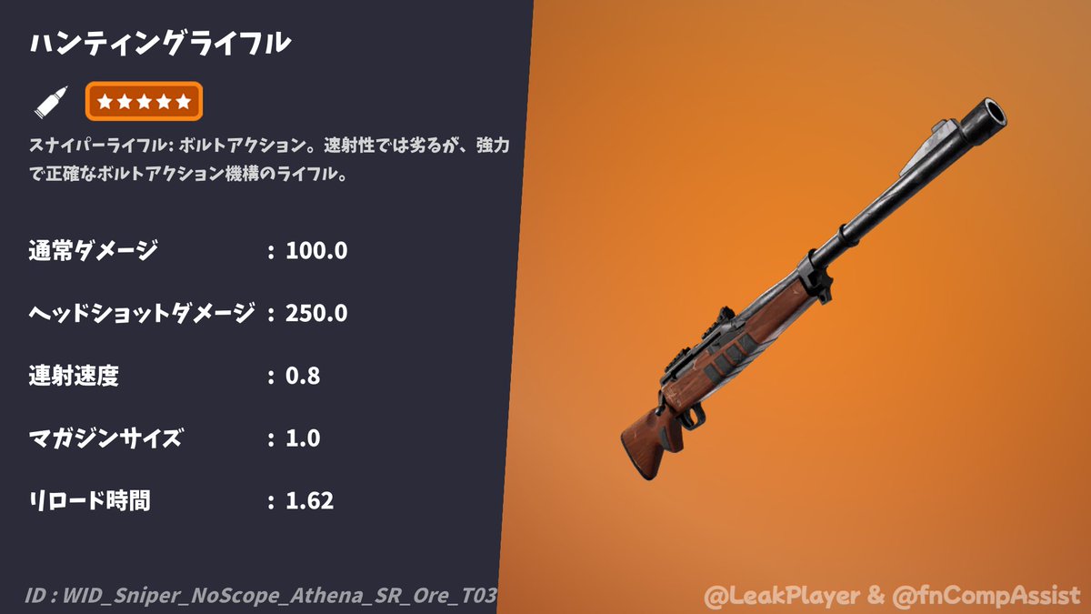 fnCompAssist's tweet image. 《 戦利品プール更新情報 》

ハンティングライフルが有効化されました。
競技では、紫レアリティのみ出現します。

#fnCompAssist