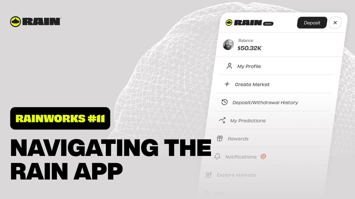 Rain__Protocol's tweet image. RAINWORKS #11: Navigating the Rain App

Your main hub in Rain is the menu - everything starts there.

At the top, you’ll always see your balance, so you know what’s available for trading or creating markets.

My Profile shows your info, portfolio, PnL, market history (public &amp;amp;…