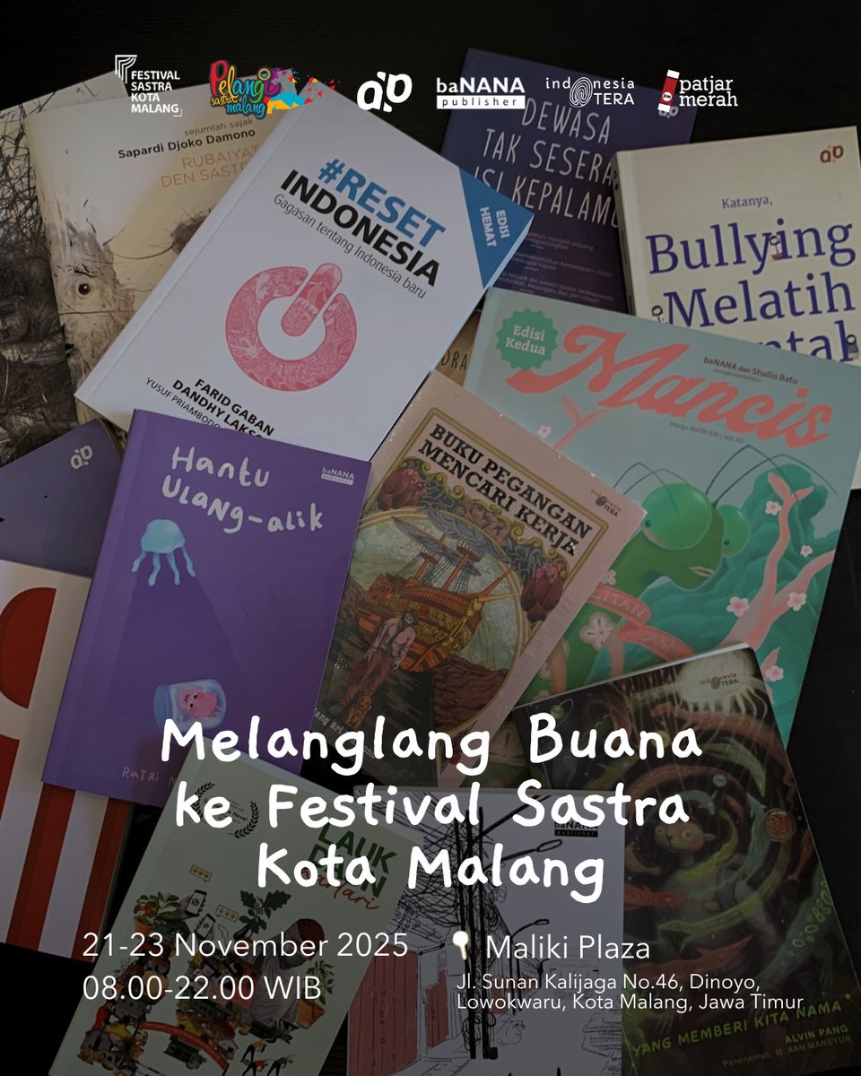 Para patjar siap melanglang buana ke Festival Sastra Kota Malang!

Mulai hari ini, Pasar Buku Festival Sastra Kota Malang 2025 resmi dibuka selama tiga hari ke depan! Para patjar dari <a href="/PenerbitbaNANA/">baNANA</a>, <a href="/akhirpekantiba/">penerbit akhirpekan</a>, dan <a href="/Indonesia_Tera/">Indonesia Tera</a> sudah siap untuk patjarboekoe jemput.