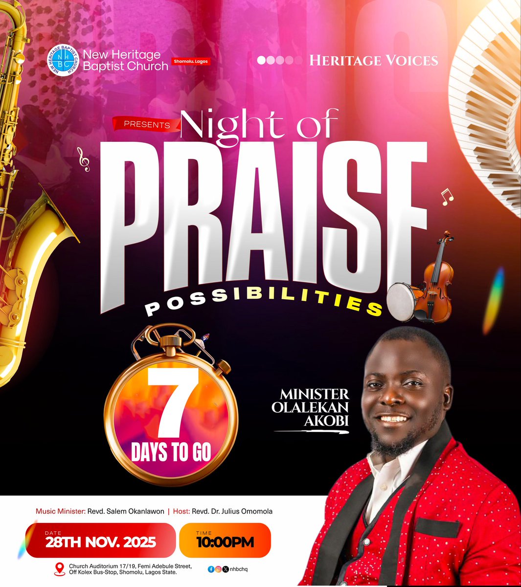One week to go! 🕰️ 

A night of extraordinary praise awaits. Mark your calendar. 📅 

#NightOfPraisePossibilities
#NHBCHQ
#HeritageVoices #PraiseAtmosphere
#GodOfPossibilities
#ManifoldGrace
#ManifoldGratitude