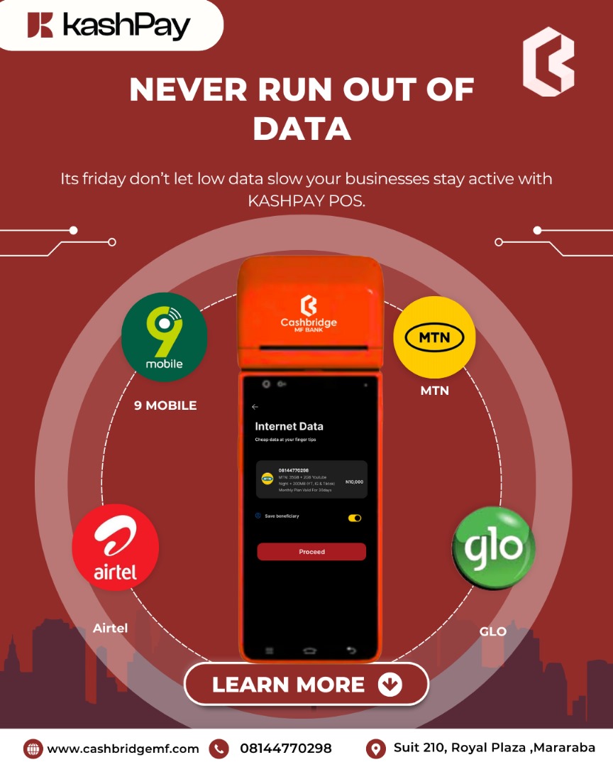 cashbridge_mfb's tweet image. Happy Friday! Stay connected, stay sharp, and keep your business running smoothly with KashPay POS. No more low data wahala  power your day with fast, affordable data on MTN, Airtel, GLO, and 9mobile! 
Your Friday just got smarter with KashPay.
#FridayVibes #KashPayPOS