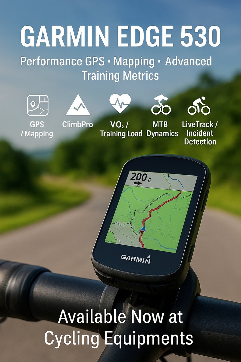 Cycling422's tweet image. Just landed: Garmin Edge 530 at Cycling Equipments!

✅ VO₂ max, recovery &amp;amp; training load insights 
✅ ClimbPro for elevation tracking 
✅ MTB metrics: jumps, grit, flow 

Ride smarter ➡️ cyclingequipments.com/product/garmin…

 #cycling #bikecomputer #Garmin
