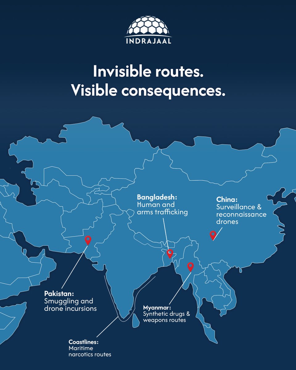 IndrajaalCUAS's tweet image. India’s borders span every kind of terrain, and with them come diverse, evolving challenges that often move unseen.

Strengthening our defenses means staying ahead of threats that don’t leave footprints.

#Indrajaal #BorderSecurity #DroneThreat #AutonomousDefense