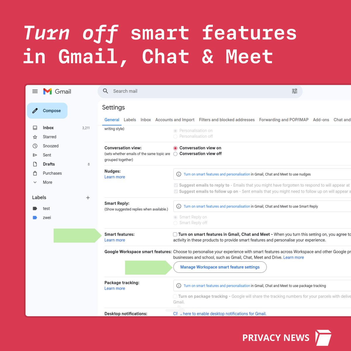 TutaPrivacy's tweet image. 🚨 BREAKING #Google just activated #Gemini on #Gmail - without asking you.

Turn it off now; here&apos;s how!
tuta.com/blog/how-to-di…

✊️Fight AI &amp;amp; fight Google

You have to manually turn off Smart Features in the Setting menu in TWO locations.

Share so everyone is aware. ❤️