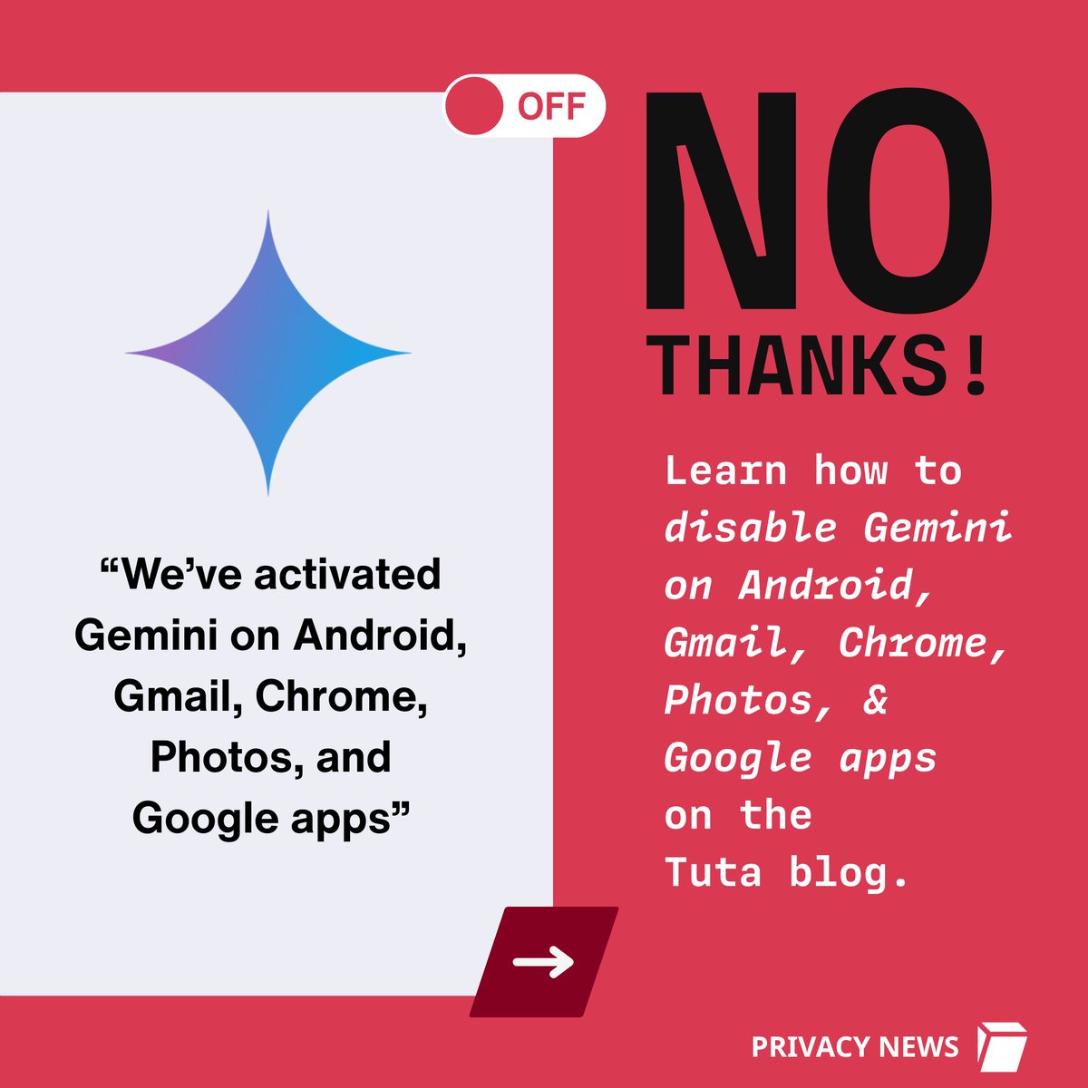 TutaPrivacy's tweet image. 🚨 BREAKING #Google just activated #Gemini on #Gmail - without asking you.

Turn it off now; here&apos;s how!
tuta.com/blog/how-to-di…

✊️Fight AI &amp;amp; fight Google

You have to manually turn off Smart Features in the Setting menu in TWO locations.

Share so everyone is aware. ❤️