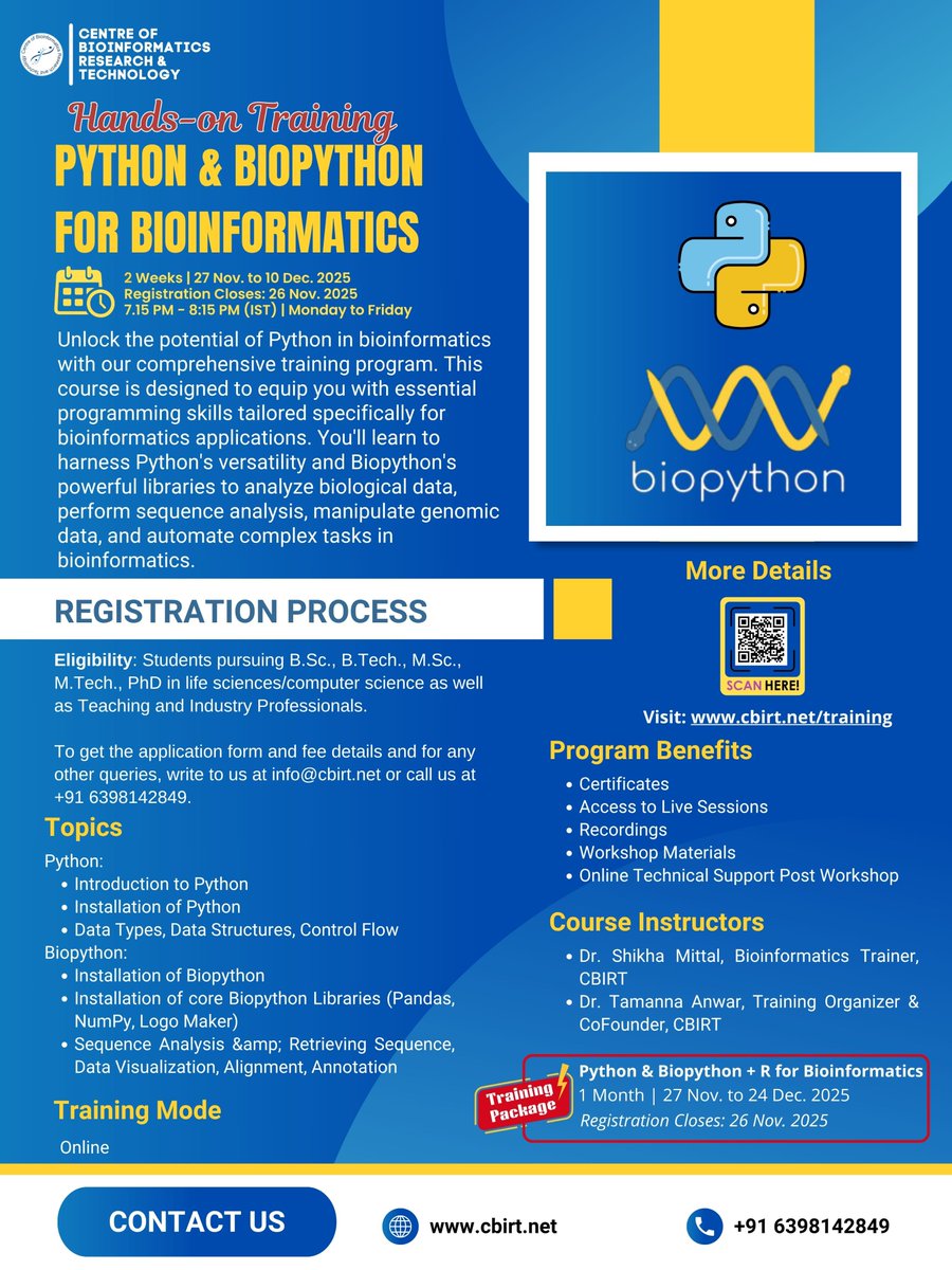 CbirtDirector's tweet image. 🚀 Kickstart your programming journey in Bioinformatics!

🐍 Python &amp;amp; Biopython: 27 Nov–10 Dec
📊 R for Bioinformatics: 11–24 Dec

🎓 Online | Certificates | Live Sessions

👉 Register: cbirt.net/training
Ready to level up? 💡

#Bioinformatics #Python #R #Training #CBIRT