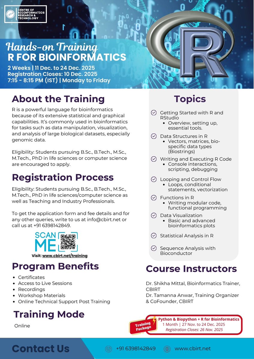 CbirtDirector's tweet image. 🚀 Kickstart your programming journey in Bioinformatics!

🐍 Python &amp;amp; Biopython: 27 Nov–10 Dec
📊 R for Bioinformatics: 11–24 Dec

🎓 Online | Certificates | Live Sessions

👉 Register: cbirt.net/training
Ready to level up? 💡

#Bioinformatics #Python #R #Training #CBIRT