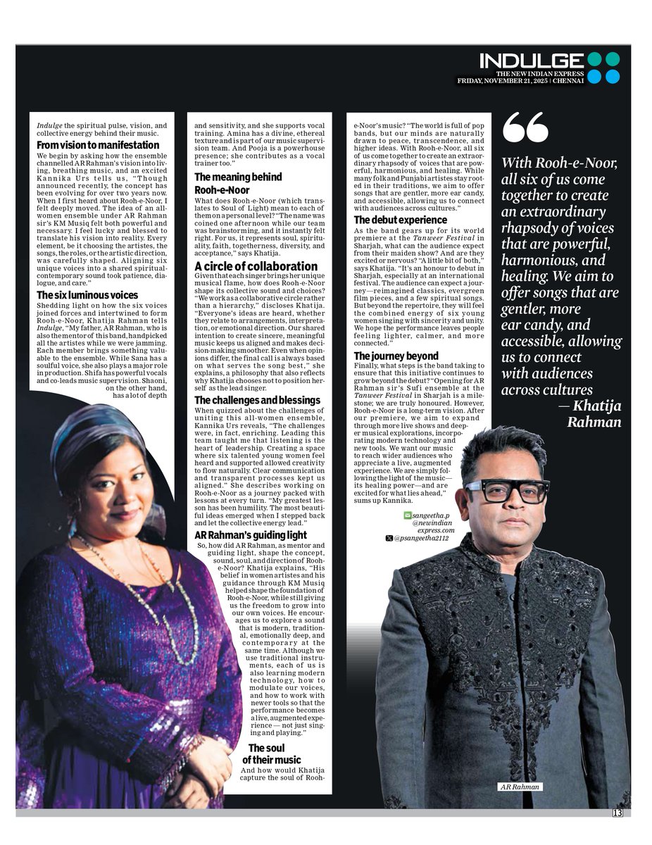 Ahead of their world premiere at #TanweerFestival in Sharjah today, singer <a href="/RahmanKhatija/">Khatija Rahman</a> of <a href="/roohenoor_band/">Rooh-e-Noor</a> talks about the band's vision and what to expect from their debut performance <a href="/arrahman/">A.R.Rahman</a> <a href="/KannikaUrs/">ಕನ್ನಿಕಾ ಅರಸ್ / Kannika Urs</a> #RoohENoor #ARRahman #KhatijaRahman 

indulgexpress.com/culture/music/…