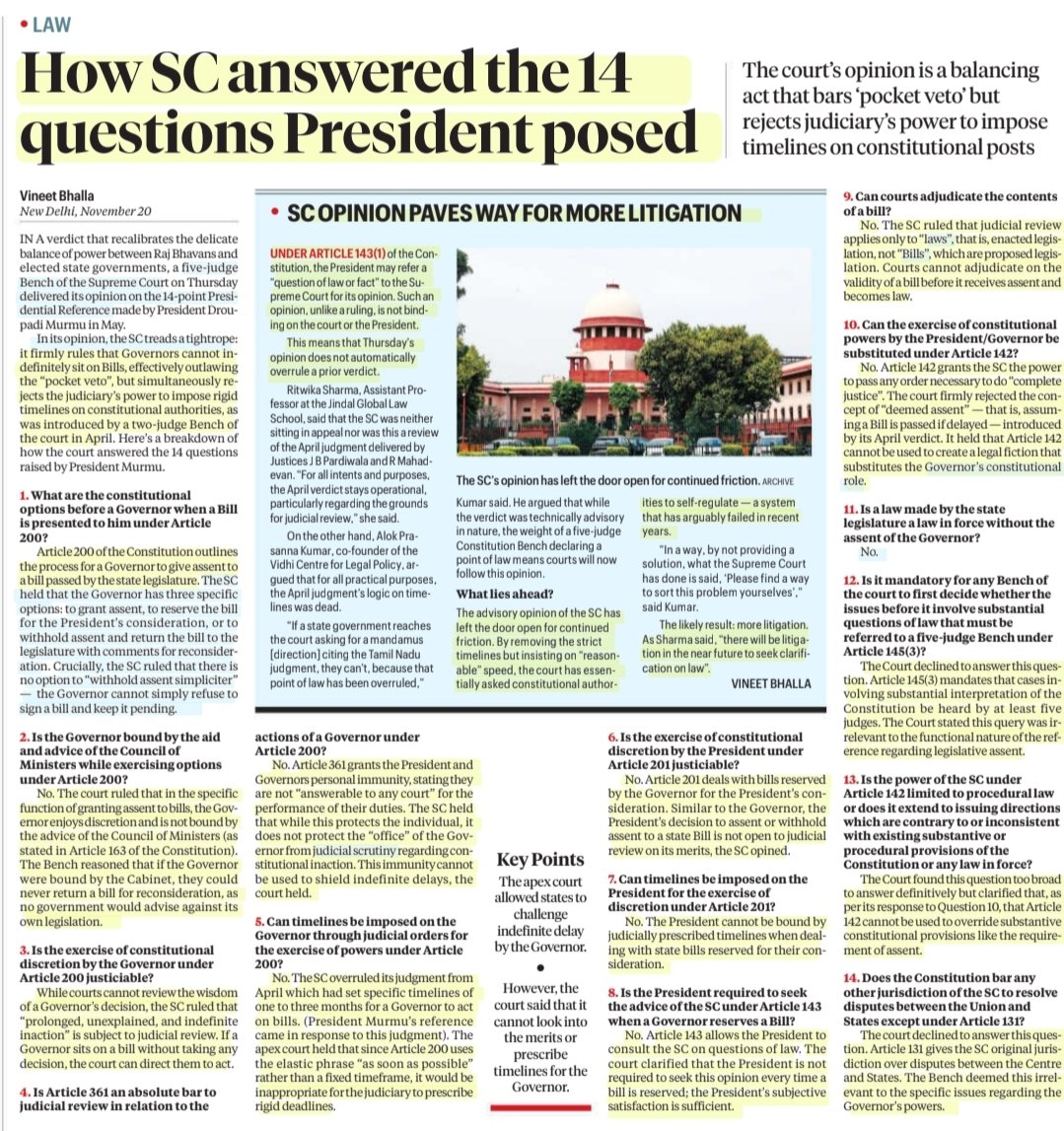 imRavikantYadav's tweet image. How SC answered the 14 Questions President posed

:An informative article by Sh Vineet Bhalla

#PresidentialReference #SupremeCourtofIndia #Governor
#Bills #Laws 
#PocketVeto
#JudicialScrutiny #JudicialReview
#Constitution #SupremeCourt

#UPSC #currentaffairs 

Source: IE