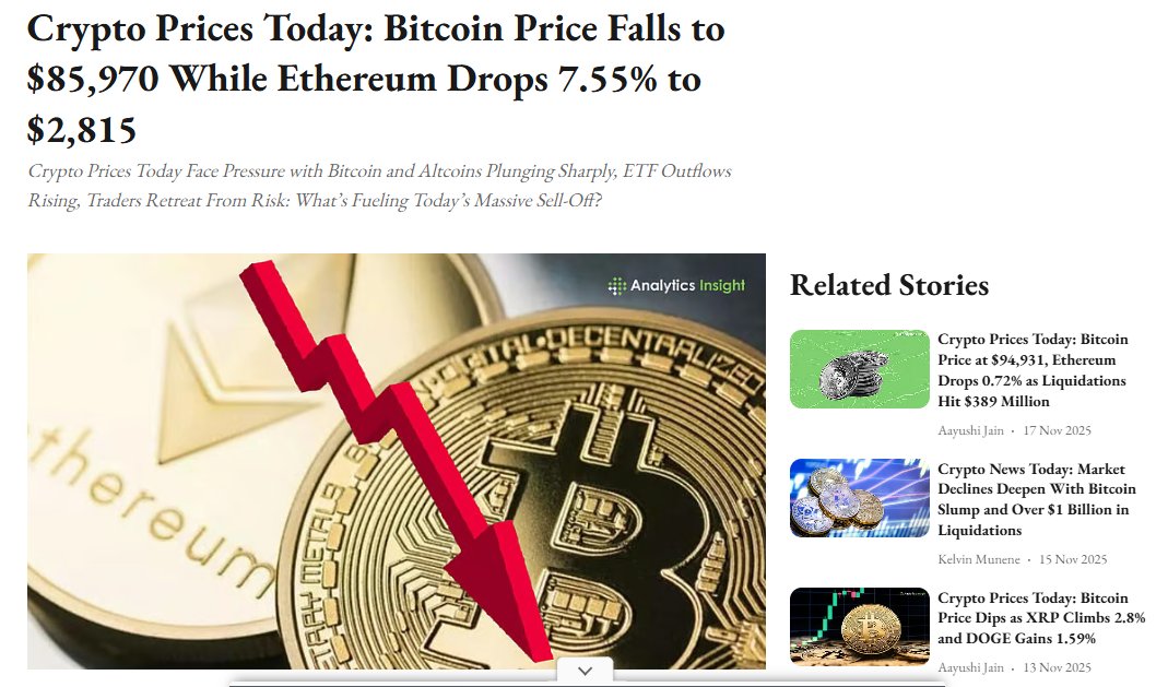 web3_future_'s tweet image. Crypto Prices Today: Bitcoin Price Falls to $85,970 While Ethereum Drops 7.55% to $2,815

Crypto Prices Today Face Pressure with Bitcoin and Altcoins Plunging Sharply

#CryptoSellOff #Bitcoin #Altcoins #Ethereum #ETFOutflows #Traders #RiskAversion #MarketPressure #Web3Future