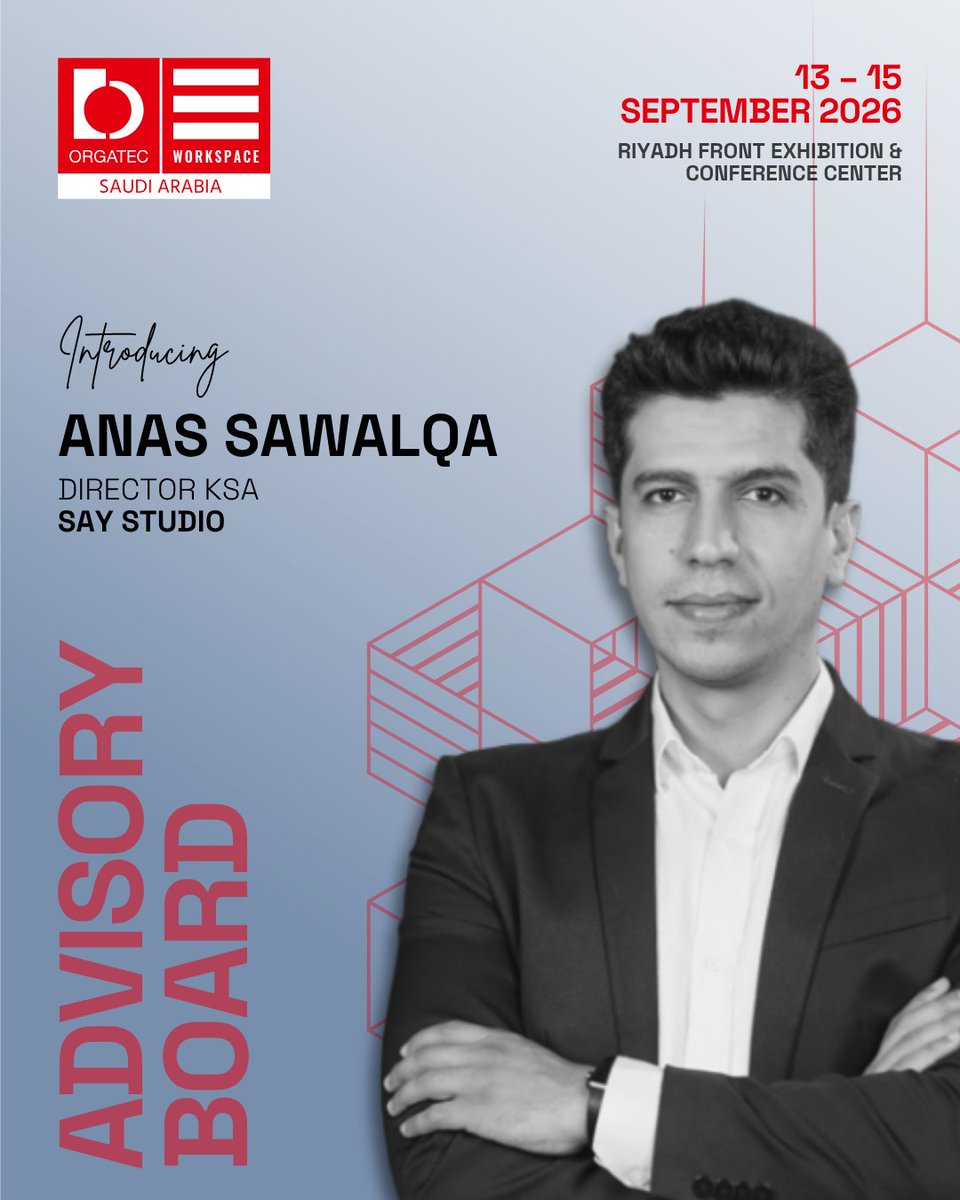 OrgatecSaudi's tweet image. Delighted to welcome Anas Sawalqa, Director of SAY Studio KSA, to the 2026 Advisory Board. With experience across design and site execution, Anas bridges concept and delivery, leading impactful projects across the region. Looking forward to his insights.

#ORGATECWorkspaceSaudi