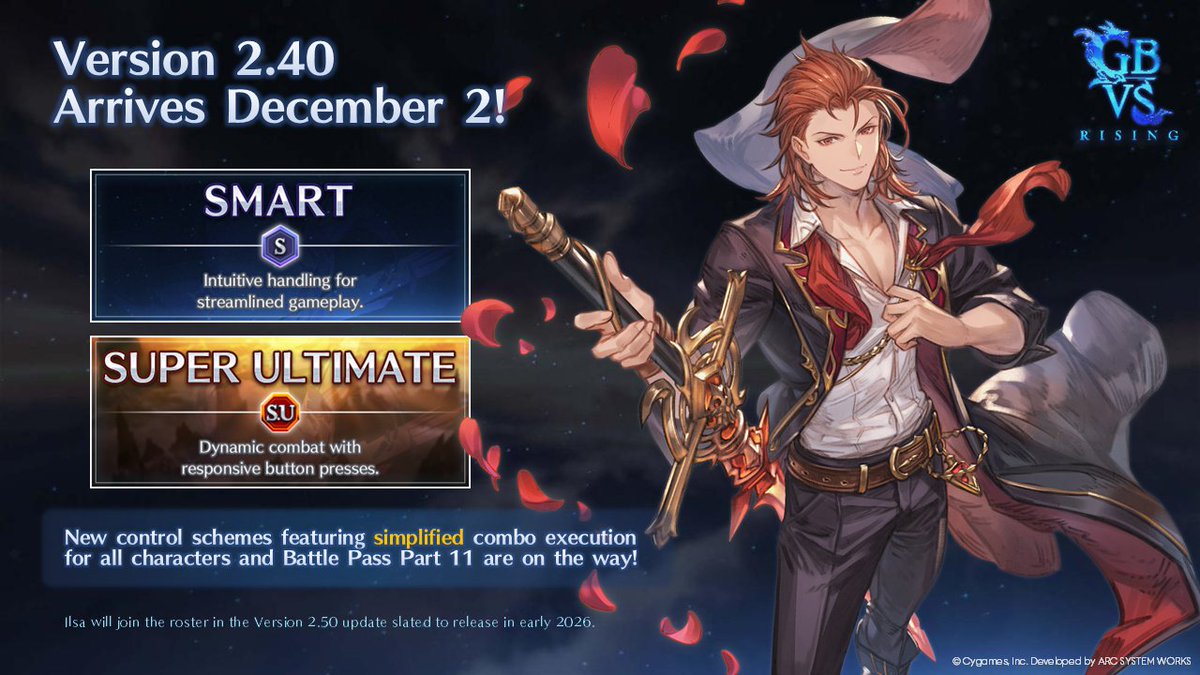 gbvs_official's tweet image. 📢 The Version 2.40 update is coming to #GBVSR on December 2!

We&apos;re adding two new control schemes (Smart and Super Ultimate) along with content for Battle Pass Round 11, including a new costume for Percival, and more. Stay tuned!