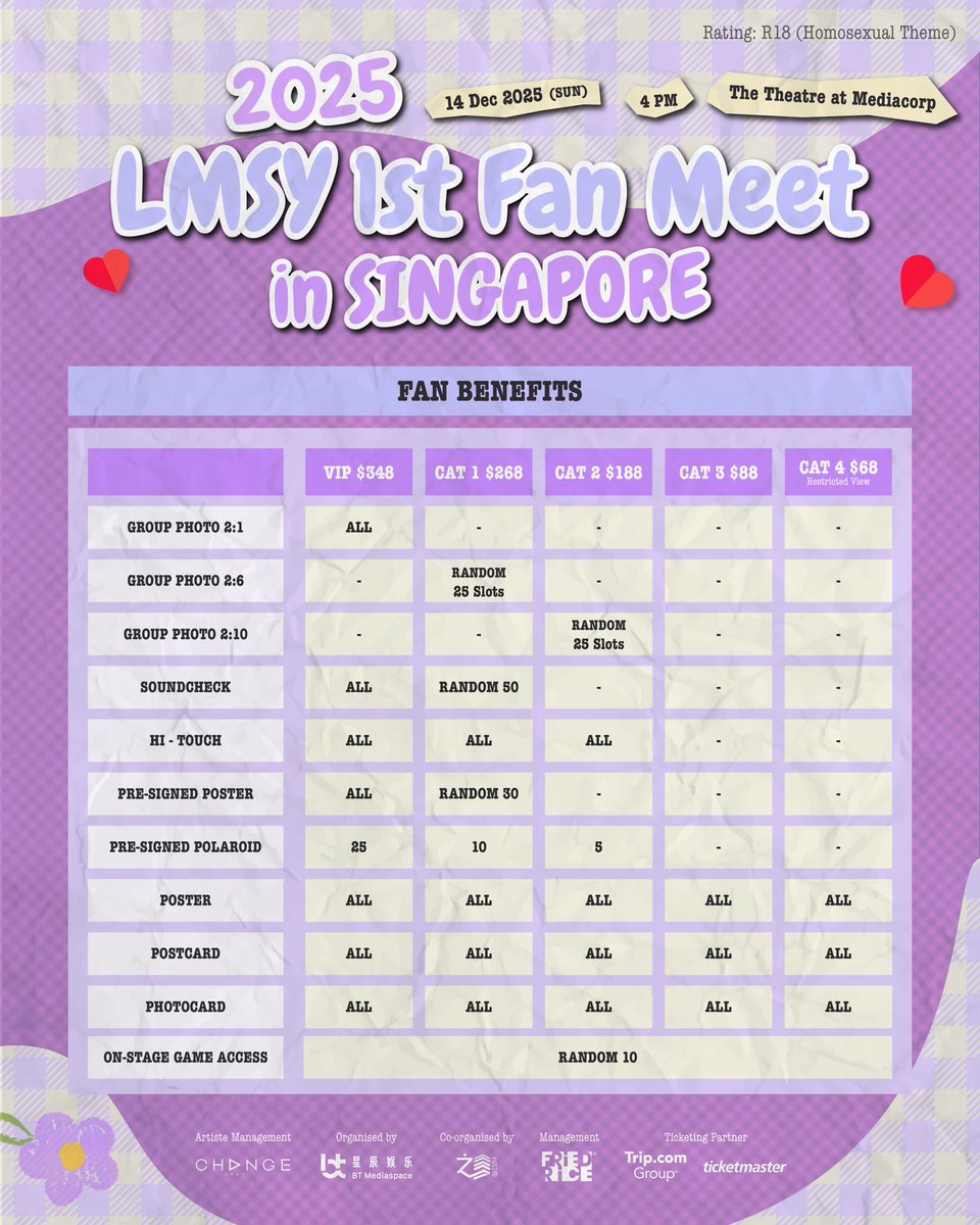 sonyasarann's tweet image. ────୨ৎ────
ʚ 𝟐𝟎𝟐𝟓 𝐋𝐌𝐒𝐘 𝟏𝐬𝐭 𝐅𝐀𝐍 𝐌𝐄𝐄𝐓 𝐢𝐧 𝐒𝐈𝐍𝐆𝐀𝐏𝐎𝐑𝐄 ɞ
📆 14 Dec 2025（SUN）
🕓 4PM（SGT）
📍 The Theatre at Mediacorp
🎫 VIP $348 / CAT 1 $268 / CAT 2 $188 / CAT 3 $88 / CAT 4 $68
** All tickets prices exclude booking fee

📌General Sale｜ 20…