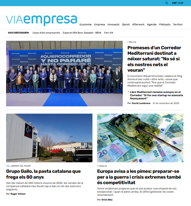 Bon dia! La portada de VIA Empresa d'avui 🗞️:

🔵 Promeses d’un Corredor Mediterrani destinat a néixer saturat
🔵 Grupo Gallo, la pasta catalana que frega els 80 anys
🔵 Europa avisa: preparar-se per a la guerra i crisis també és competitivitat

viaempresa.cat