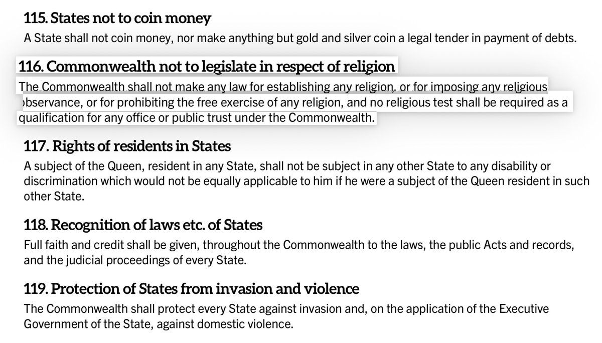 Richard_D_Boyle's tweet image. 𝐓𝐡𝐞 𝐀𝐮𝐬𝐭𝐫𝐚𝐥𝐢𝐚𝐧 𝐂𝐨𝐧𝐬𝐭𝐢𝐭𝐮𝐭𝐢𝐨𝐧

116. 𝑪𝒐𝒎𝒎𝒐𝒏𝒘𝒆𝒂𝒍𝒕𝒉 𝒏𝒐𝒕 𝒕𝒐 𝒍𝒆𝒈𝒊𝒔𝒍𝒂𝒕𝒆 𝒊𝒏 𝒓𝒆𝒔𝒑𝒆𝒄𝒕 𝒐𝒇 𝒓𝒆𝒍𝒊𝒈𝒊𝒐𝒏

“𝘛𝘩𝘦 𝘊𝘰𝘮𝘮𝘰𝘯𝘸𝘦𝘢𝘭𝘵𝘩 𝘴𝘩𝘢𝘭𝘭 𝘯𝘰𝘵 𝘮𝘢𝘬𝘦 𝘢𝘯𝘺 𝘭𝘢𝘸 𝘧𝘰𝘳 𝘦𝘴𝘵𝘢𝘣𝘭𝘪𝘴𝘩𝘪𝘯𝘨 𝘢𝘯𝘺…