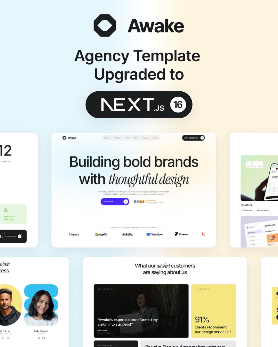 Getnextjstemplt's tweet image. Awake just leveled up! 💻
✨ Now powered by Next.js 16, React 19 &amp;amp; Tailwind CSS 4 — faster, smoother and smarter than ever.

📥getnextjstemplates.com/products/awake… 

#Nextjs #TailwindCSS #WebDev #templates
#websitetemplates #nextjstemplates