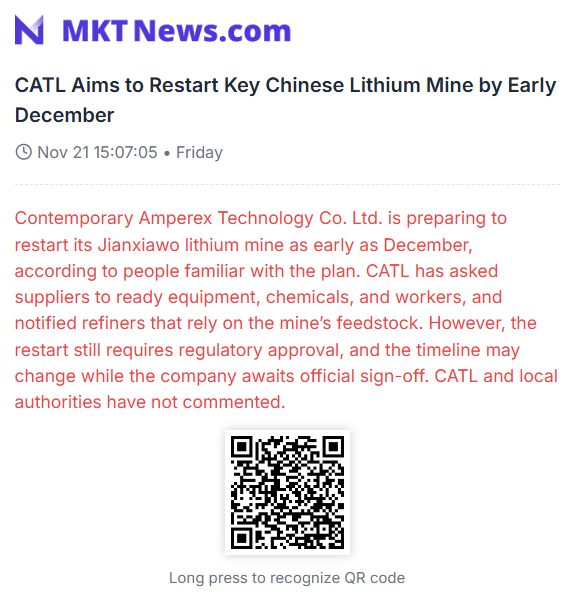 Sino_Market's tweet image. 🇨🇳CATL Aims to Restart Key Chinese #Lithium Mine by Early December
Contemporary Amperex Technology Co. Ltd. is preparing to restart its Jianxiawo lithium mine as early as December, according to people familiar with the plan. CATL has asked suppliers to ready equipment, chemicals,…