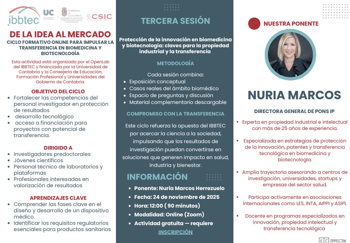 IDIVALdecilla's tweet image. 🔬💡 El @IBBTEC celebra el 3º seminario del ciclo “De la idea al mercado”, centrado en cómo proteger la propiedad intelectual en biomedicina y biotecnología.

🗓️ 24 de noviembre 
🕛 12:00 h (90 min)
💻 Online — Zoom
🔗  Inscripción previa: 
us02web.zoom.us/webinar/regist…