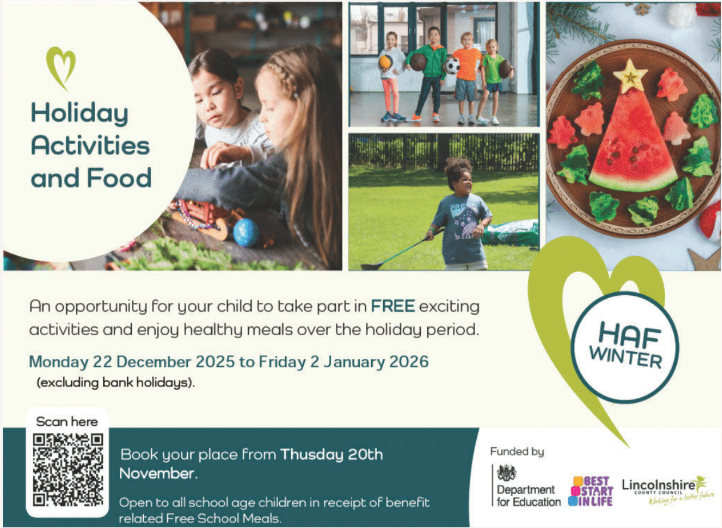 The HAF Winter programme is running across Lincolnshire ❄️

Free activities + healthy meals for children on benefits-related free school meals.

See dates and booking details in Primary Times and spread the word. 🍽️flk.bz/sVjC