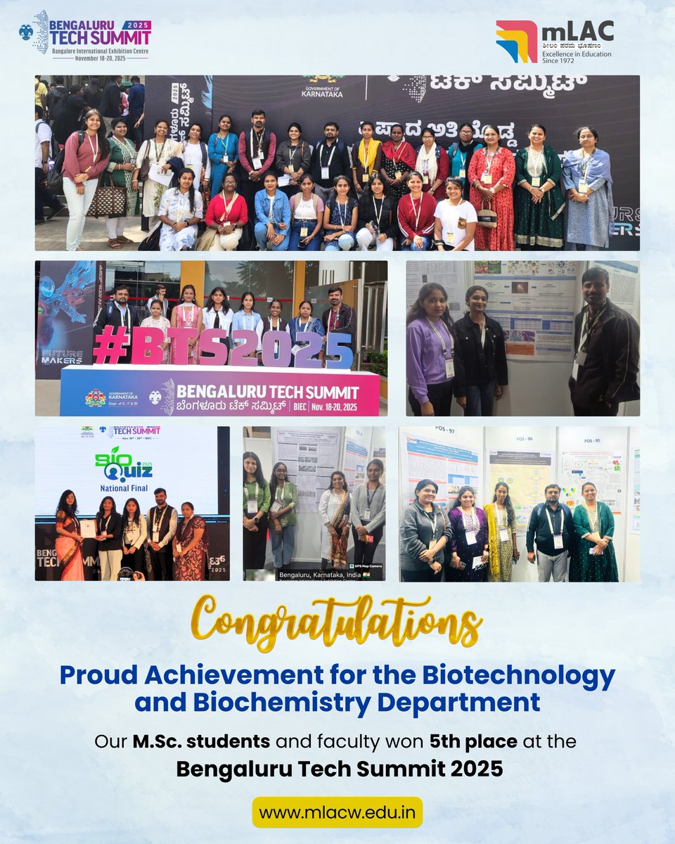 mLAC1972's tweet image. Proud moment for mLAC! 🎉
Our M.Sc. Biotechnology and Biochemistry students, along with faculty, secured 5th place at the Bengaluru Tech Summit 2025.

#mLAC #mLACUpdates #BengaluruTechSummit2025 #Biotechnology #Biochemistry #ProudMoment #StudentSuccess