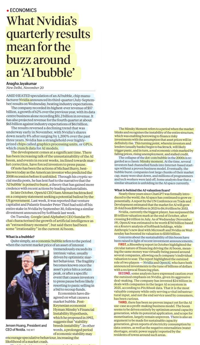 imRavikantYadav's tweet image. What Nvidia&apos;s quarterly results mean for the buzz around &apos;AI bubble&apos;

:Details by Ms Anagha Jayakumar

#artificial_intelligence #AIbubble
#NVIDIA #GPU #OpenAI
#EconomyBubble #DotComBubble
#MinskyMoment #MarketCrash
#market #Valuation #Economics

#UPSC #currentaffairs

Source:IE