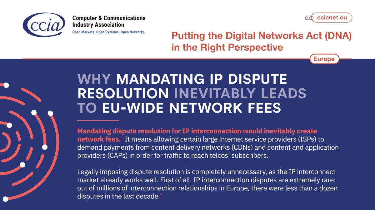 New #DigitalNetworksAct explainer 📑 

Why mandating #IP dispute resolution inevitably leads to EU-wide #NetworkFees – and would turn #telcos into #gatekeepers of the internet 

👉 Learn more: ccianet.org/library/why-ma…