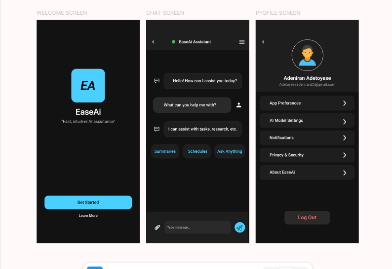 Adetoyese_10's tweet photo. #UIUX #UXDesign #UIDesign #ProductDesign #DesignInspiration #FigmaDesign #AIUX #AIInterface #ChatUI #DesignForAI  #DesignChallenge #WeeklyDesign #DesignerCommunity #DarkModeUI #MinimalDesign #ModernInterface EaseAI Design-a fast, intuitive AI assistant app. Your thought👇 #EaseAi https://t.co/JbMnPpFac7