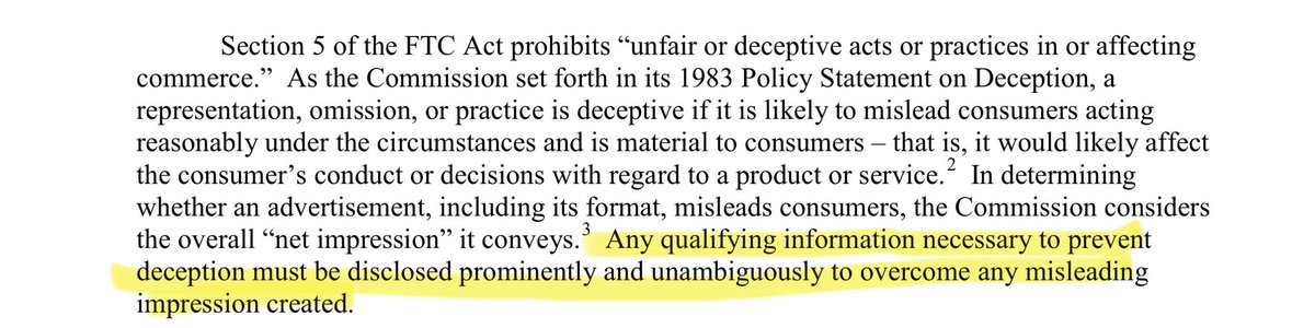 neil_chilson's tweet image. This is how the FTC judges whether caveated claims are deceptive: