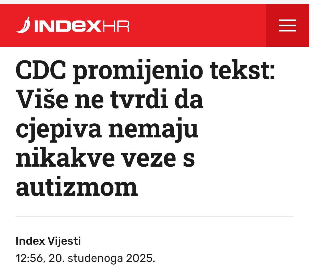 Ево ја у шоку 🙀🙀🙀
Опет они теоретичари завјера били у праву..... 

CDC - Центар за контролу и превенцију болести у САД-у, 
федерална агенција у оквиру Министарства здравља САД,
променио причу....
‼️Пелц ипак изазива аутизам‼️
💉☠️💉☠️💉☠️