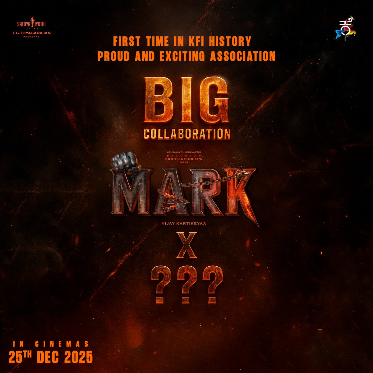 Kichchacreatiin's tweet photo. December 25th just got BIGGER. MARK has a surprise partner. Drop your wildest guess.

@VKartikeyaa @AJANEESHB @iampriya06 @shekarchandra71 @ganeshbaabu21 @shivakumarart @kevinkumarrrr @silvastunt @subbu6panchu  @iYogiBabu @Naveenc212 @gurusoms @KicchaSudeep @SathyaJyothi @TSrirammt @saregamasouth @MarkTheFilm @SureshChandraa @DoneChannel @PROHarisarasu
