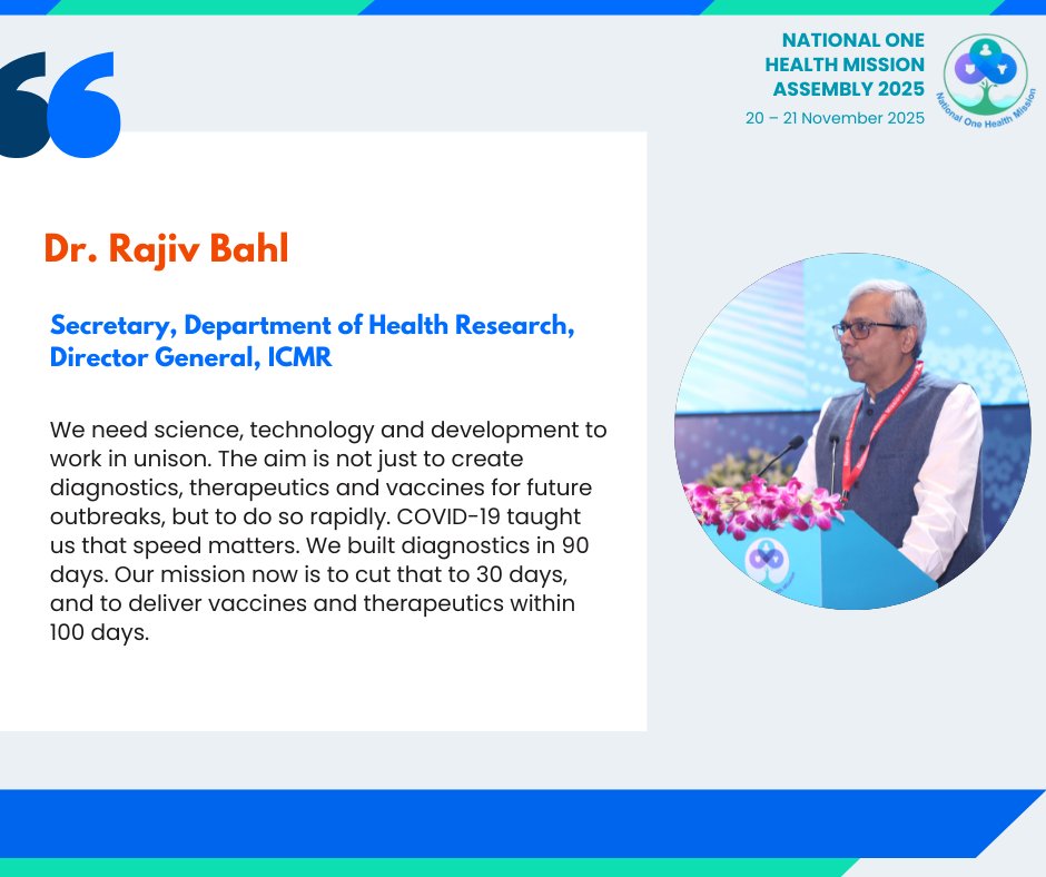 ICMRDELHI's tweet image. Dr. Rajiv Bahl, Secretary-DHR and DG-ICMR, emphasised the need to accelerate medical countermeasures, aiming to cut diagnostic development time from 90 days to 30 and deliver vaccines and therapeutics within 100 days.
@DeptHealthRes @ICMRDELHI #NOHAssembly2025 #OneHealth
