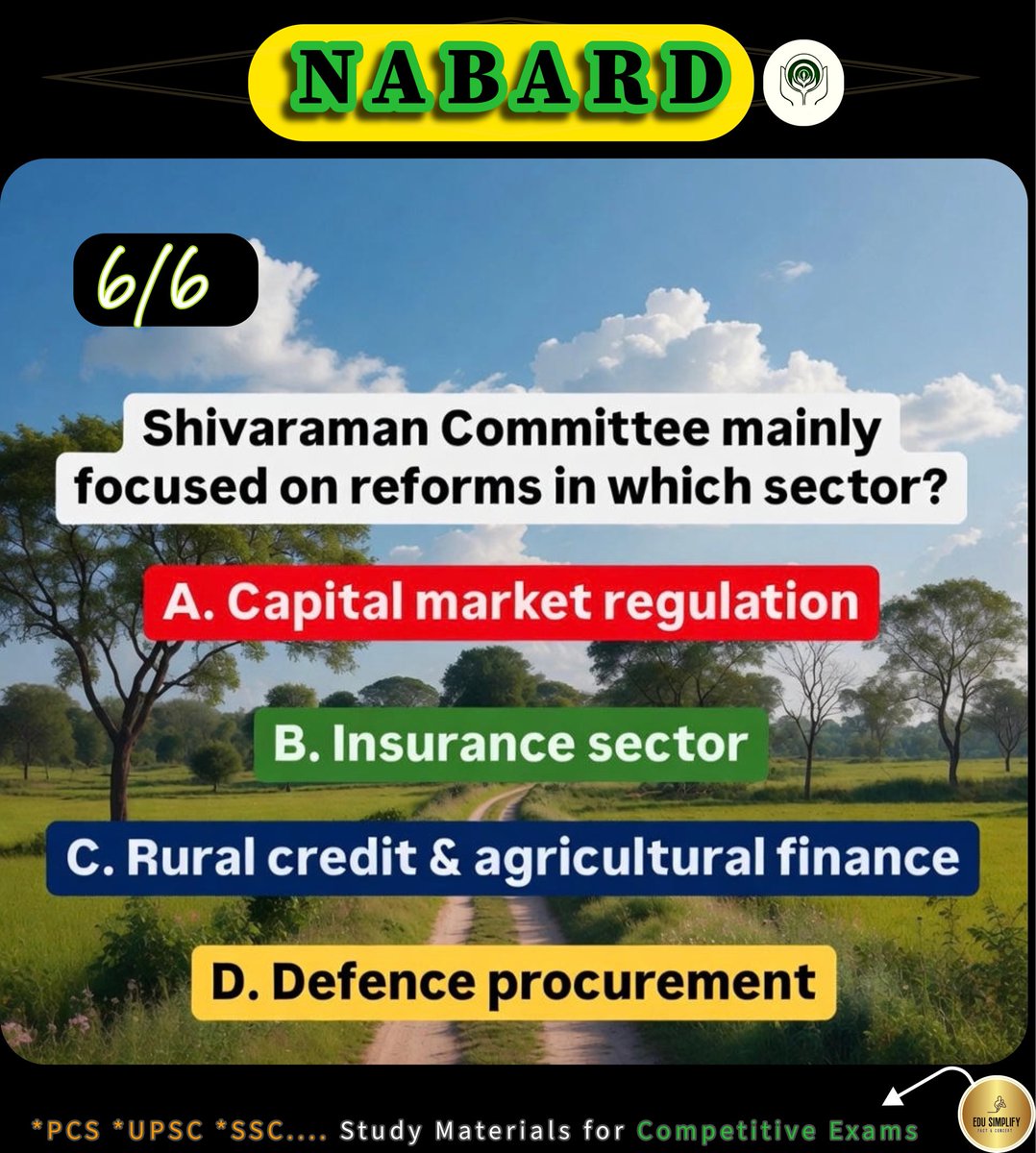 edusimplify's tweet image. NABARD: The Shivaraman Committee mainly focused on reforms in which sector?
Drop your answer!! Follow for daily facts!! 💥 
#UPSC #UPSC2026 #CompetitiveExams #SSC #WBCS #RBI #CurrentAffairs #EduSimplify #NABARD