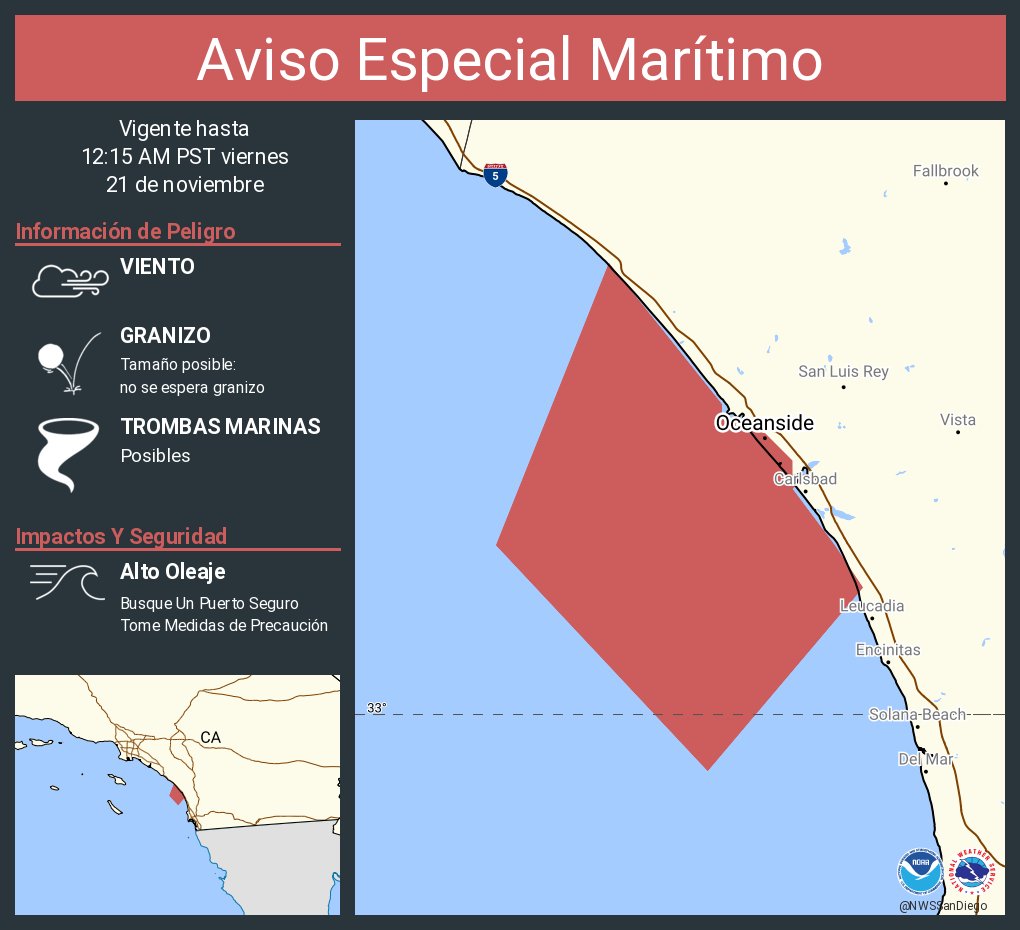 NWSSanDiego's tweet image. Aviso Especial Marítimo incluye Pacific Ocean waters hasta las 12:15 AM PST