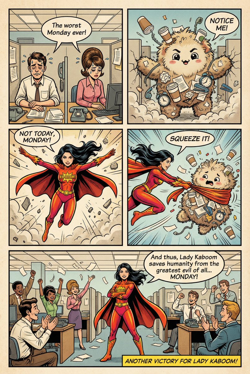jaytweeter's tweet photo. 💥⚡MONDAY thought it could win… until #LadyKaboom showed up! 😤🔥 Watch her blast the Monday Monster back to the weekend and save humanity’s sanity 🤣🚀 Because sometimes… all we need is a superheroine with EXPLOSIVE energy! 💛 #MondayMotivation #ComicHumor #AIArt #ViralComics https://t.co/yT9IIX7URO