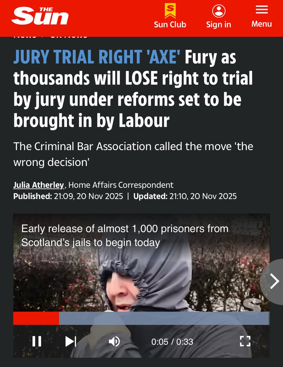 TheCriminalBar's tweet image. Fury as thousands will LOSE right to trial by jury under reforms set to be brought in by Labour” says @TheSun 

“The Criminal Bar Association called the move 'the wrong decision'.”

The ‘People’s Paper’ adds “THOUSANDS of people will lose their right to a trial by jury under…