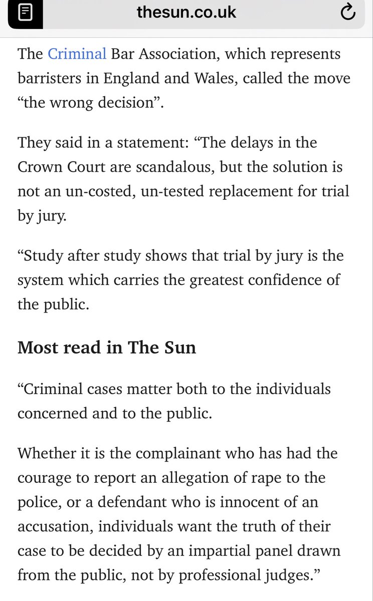 TheCriminalBar's tweet image. Fury as thousands will LOSE right to trial by jury under reforms set to be brought in by Labour” says @TheSun 

“The Criminal Bar Association called the move 'the wrong decision'.”

The ‘People’s Paper’ adds “THOUSANDS of people will lose their right to a trial by jury under…
