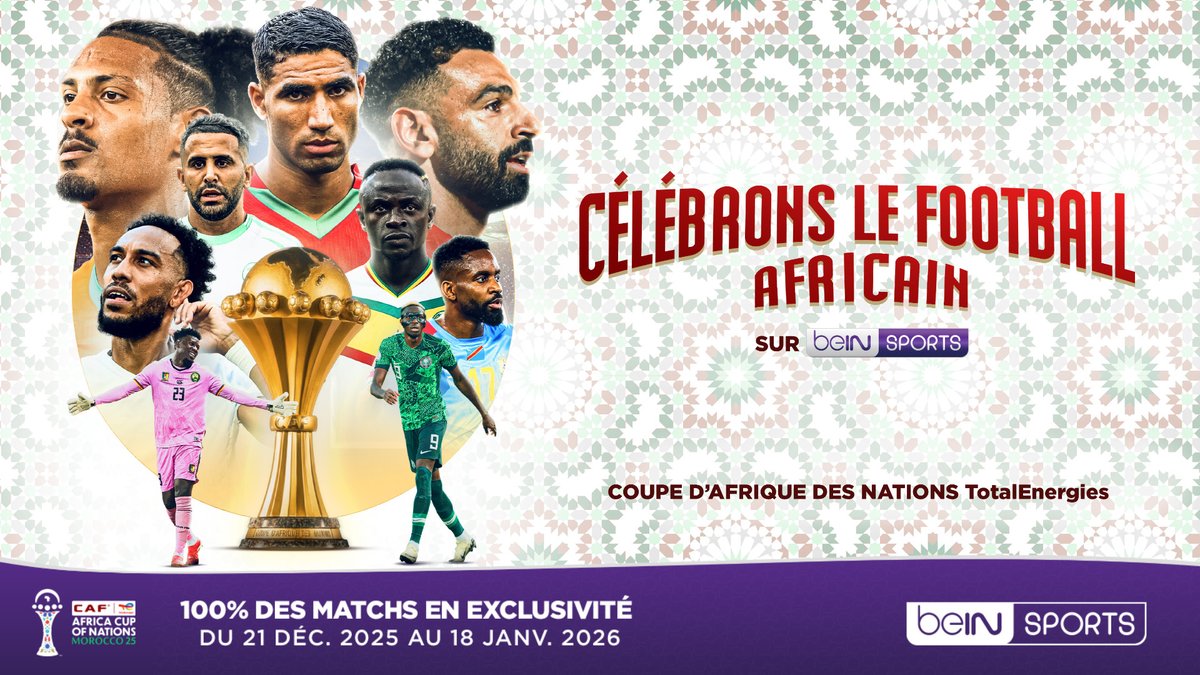 🌍🏆 La Coupe d'Afrique des Nations TotalEnergies sera à suivre en intégralité et en exclusivité sur beIN SPORTS !

📅 Rendez-vous du 21 décembre au 18 janvier pour célébrer le football africain !