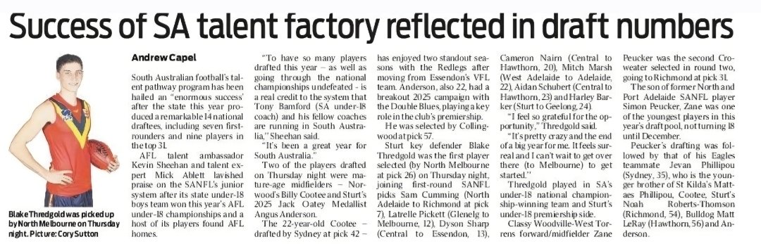 Success Of SA Talent Factory Reflected In Draft Numbers

Andrew Capel <a href="/andrewcapel/">Andrew Capel</a>

📷 Cory Sutton <a href="/corywsutton/">Cory Sutton</a>

Credit: The Advertiser Sport <a href="/TheTiserSport/">The Advertiser Sport</a>

Edition: Friday, 21st November, 2025