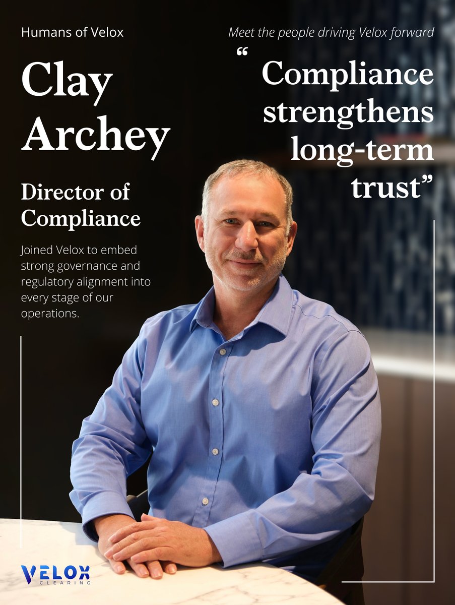VeloxClearing's tweet photo. 💡 “Compliance strengthens long-term trust.”
Meet Clay, Velox’s Director of Compliance, who integrates governance and regulatory alignment into our operations so broker-dealers can grow with confidence. https://t.co/ciTdSncSpw