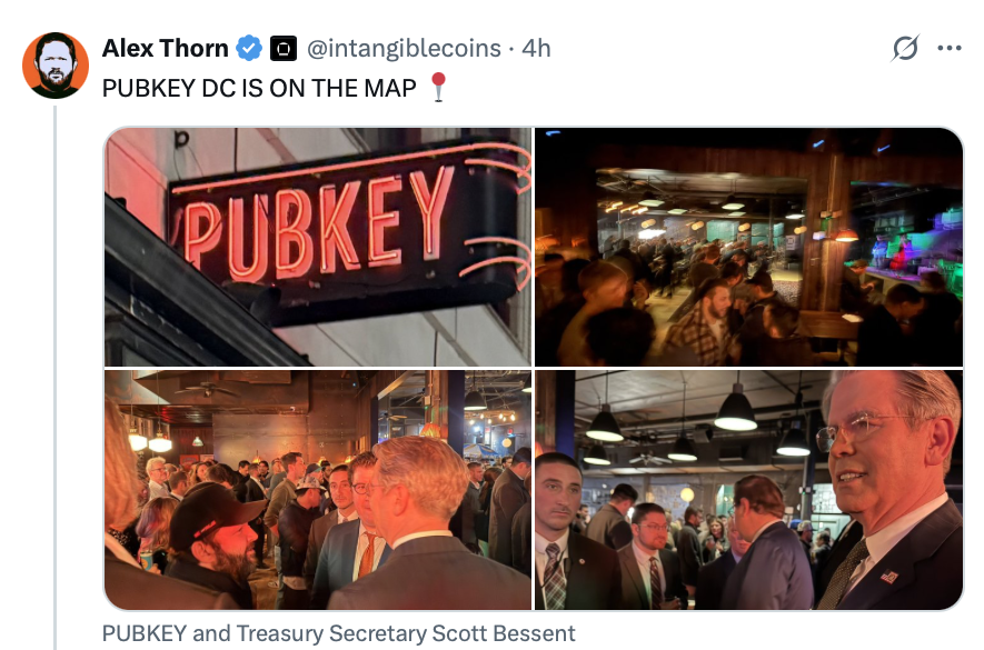 🔴COINTELGRAPH: "Il Segretario del Tesoro USA, Scott Bessent, sorprende tutti con una visita al nuovo bar a tema Bitcoin, Pubkey DC, nella serata di apertura!"