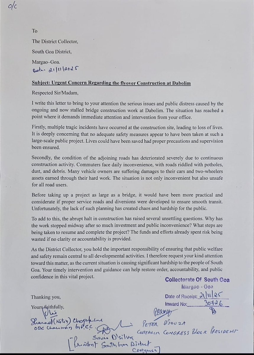 INCSGoa's tweet image. South Goa District President @SavioDsilvaa, OBC Minority Chairman (GPCC) and Cortalim Block President Peter D’Souza visited the District Collector to address the difficulties faced by citizens due to the ongoing flyover construction at Dabolim and requested timely action..
