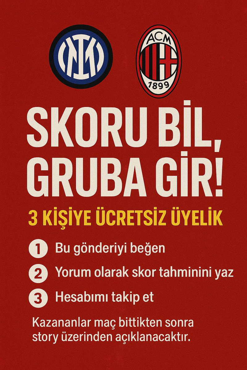 ✅ INSTAGRAM MAÇ SKOR TAHMİN ÇEKİLİŞİ

⚽ SKORU BİL, WHATSAPP VİP GRUBA ÜCRETSİZ GİR!

İNTER - MİLAN ( 23.11.2025 PAZAR )

Skoru doğru tahmin eden 3 kişiyi özel ücretli grubuma ÜCRETSİZ olarak alıyorum!

Katılmak için İnstagram Gönderi Linki
instagram.com/p/DRTykn2jdRk

#kesfet